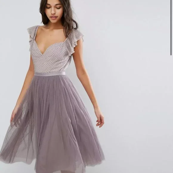 Needle Thread Swan Tulle Midi Dress with Frill Sleeve